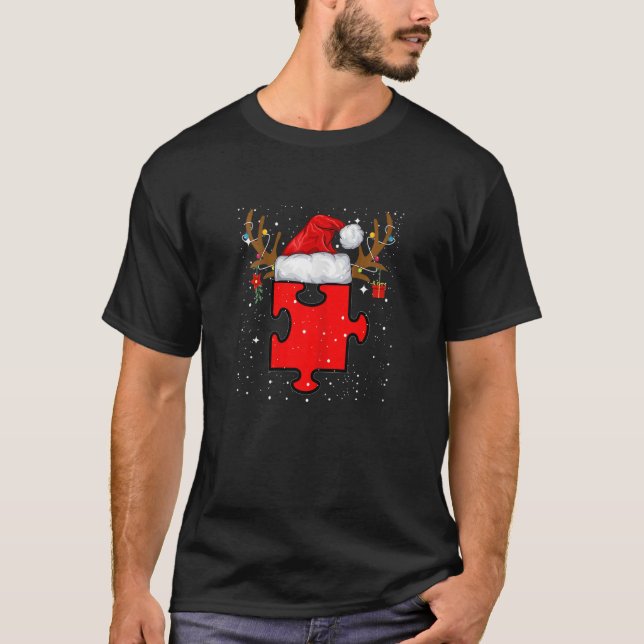 T-shirt Womens Autism Puzzle Reindeer Santa Hat Christmas  (Devant)