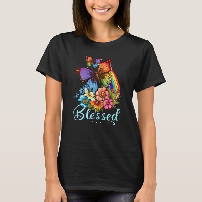 T-shirt Womens Blessed Christian Butterfly Pretty Floral R (Devant)
