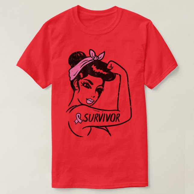 T-shirt Womens Breast Cancer Survivor Rosie Riveter Pink A (Design devant)