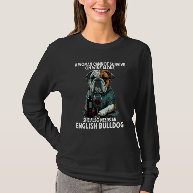 T-shirt Womens Bulldog English Bulldog and Wine (Devant)