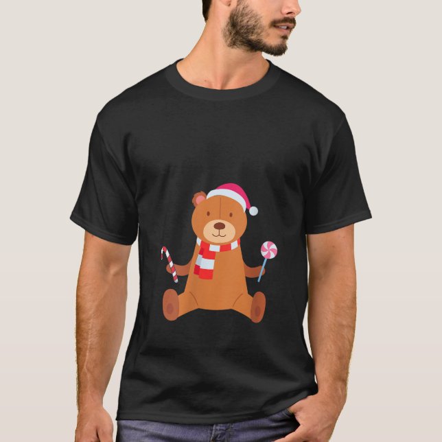 T-shirt Womens Cute Christmas Bear with Santa Hat Candy Ca (Devant)