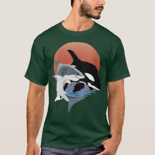 T-shirt Womens Cute Orca Whale and Shark au coucher du sol