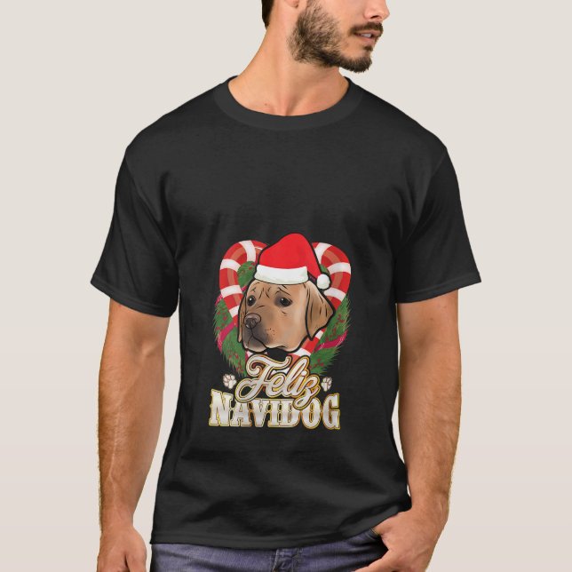 T-shirt Womens Feliz Navidog Labrador With Santa Claus Hat (Devant)