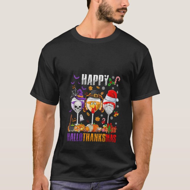 T-shirt Womens Happy Hallothanksmas Wine Halloween Thanksg (Devant)
