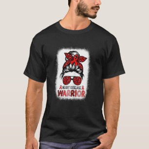 T-shirt Womens Heart Disease Warrier Red Ribbon Messy Bun