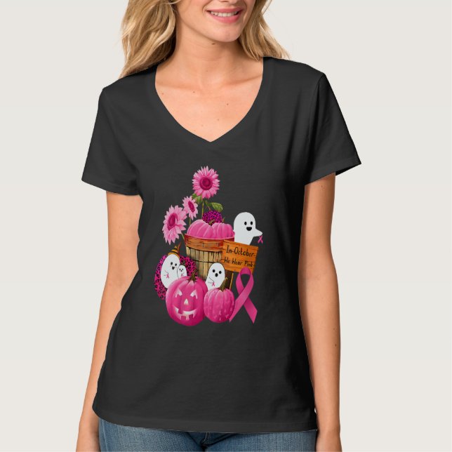 T-shirt Womens In October We Wear Pink Ghosts & Pumpkins F (Devant)