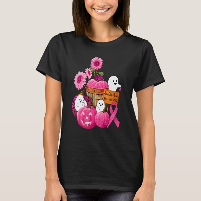 T-shirt Womens In October We Wear Pink Ghosts & Pumpkins F (Devant)