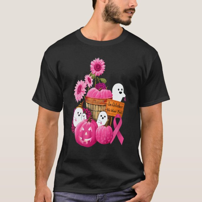 T-shirt Womens In October We Wear Pink Ghosts & Pumpkins F (Devant)