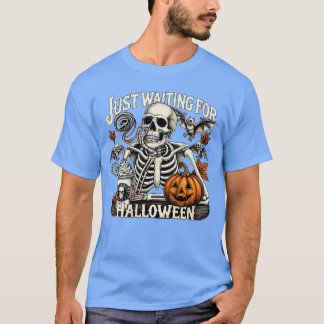 T-shirt Womens Just Waiting For Halloween Skeleton Coffee 