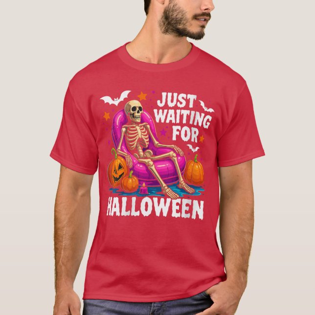 T-shirt Womens Just Waiting for Halloween Skeleton Spooky  (Devant)