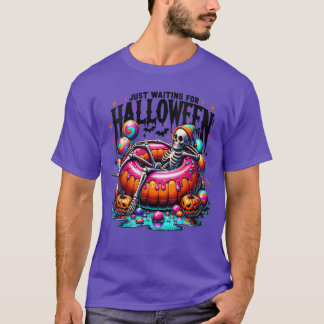 T-shirt Womens Just Waiting for Halloween Skeleton Spooky 