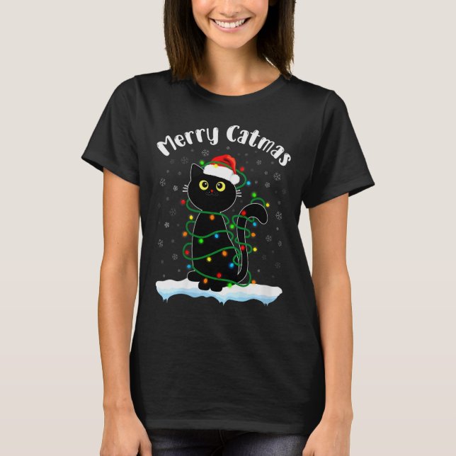 T-shirt Womens Merry Catmas Cat Wearing Santa Hat Black Ca (Devant)