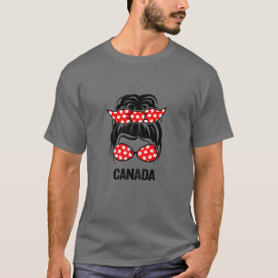 T-shirt Womens Messy Bun Hair Canadian Flag Canada Day Sun
