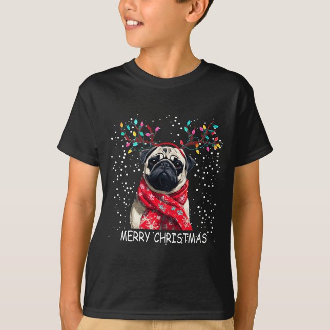 T-shirt Womens Pug Dog Xmas Santa Hat F Christma Long Slee (Devant)