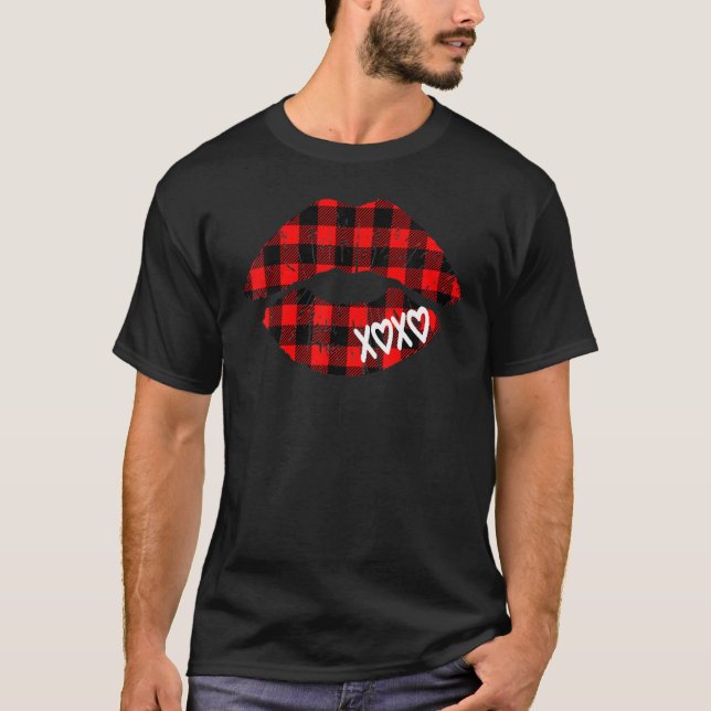 T-shirt Womens Red Buffalo Plaid Lips  Valentine Day XOXO (Devant)