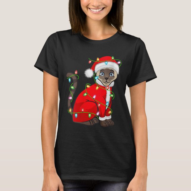 T-shirt Womens Siamese Cat Christmas Lights Santa Costume  (Devant)