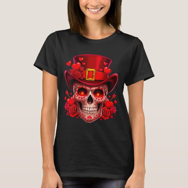T-shirt Women's Sugar Skull Valentine Cud Red Roses Couple (Devant)