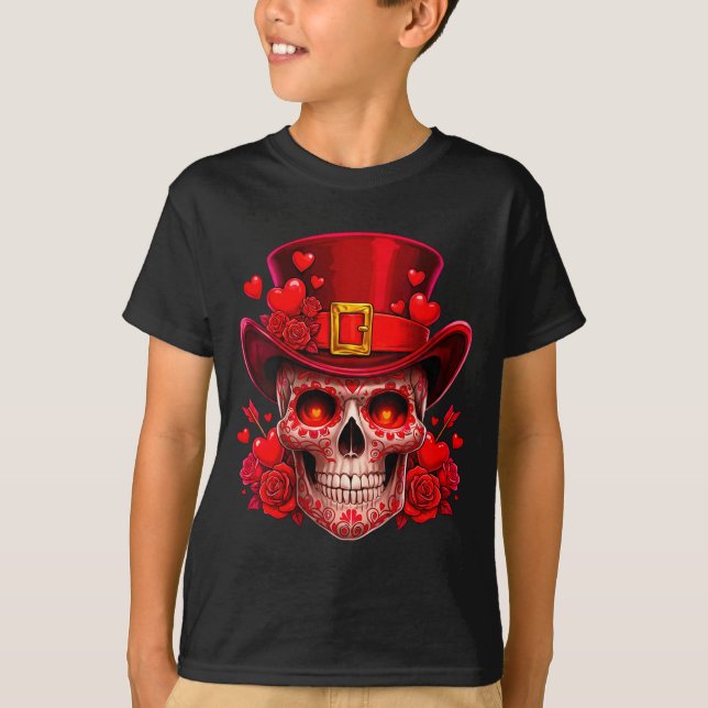 T-shirt Women's Sugar Skull Valentine Cud Red Roses Couple (Devant)