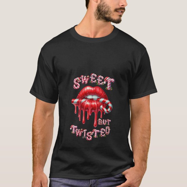 T-shirt Womens Sweet But Twisted Valentine Lips Candy Cane (Devant)