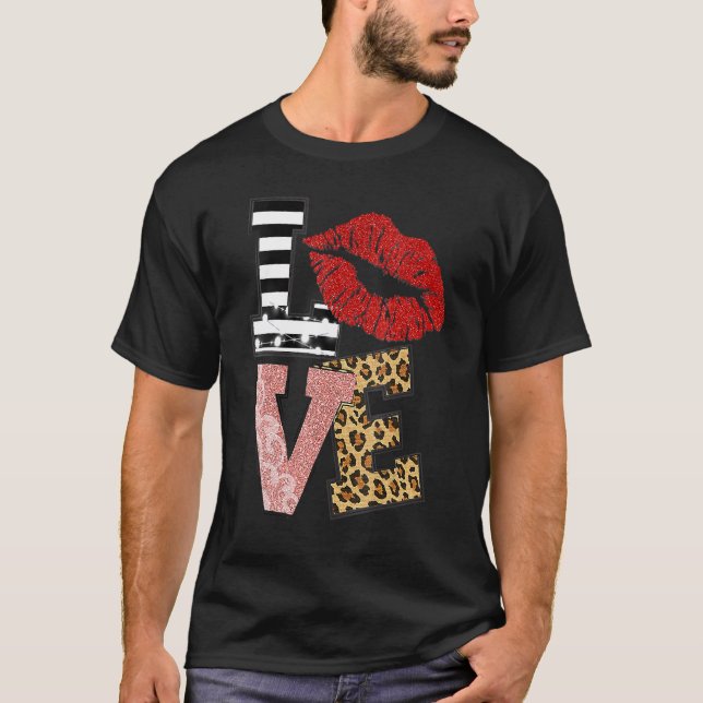 T-shirt Womens Valentine Red Lips Love Leopard V Neck (Devant)