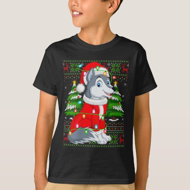 T-shirt Womens Wolf Christmas Lights Santa Costume Ugly Xm (Devant)