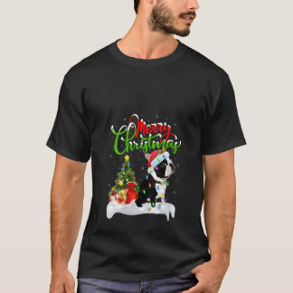 T-shirt Womens Xmas Lighting Matching Santa Boston Terrier