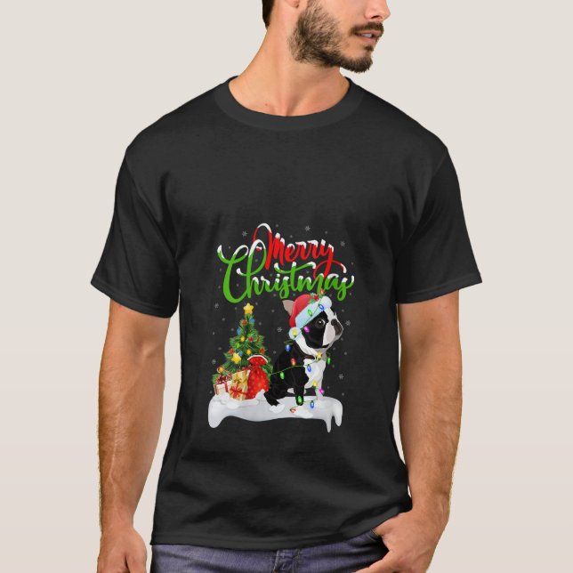 T-shirt Womens Xmas Lighting Matching Santa Boston Terrier (Devant)