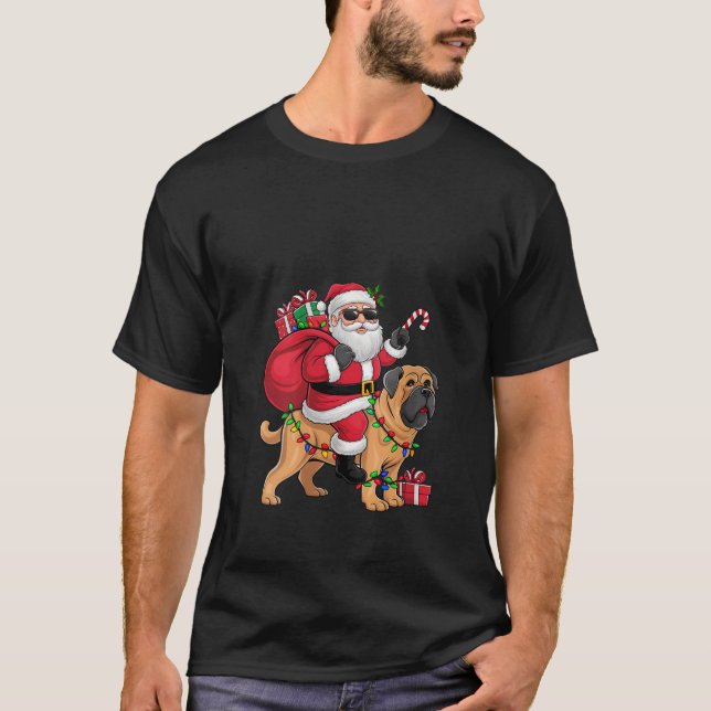 T-shirt Womens Xmas Lighting Santa Riding English Mastiff  (Devant)