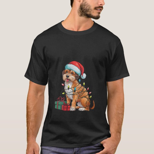 T-shirt Womens Xmas Lights Santa Wirehaired Pointing Griff (Devant)