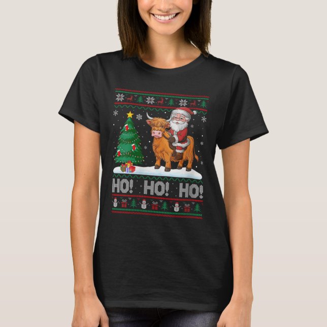 T-shirt Womens Xmas Tree Lighting Santa Riding Highland Co (Devant)