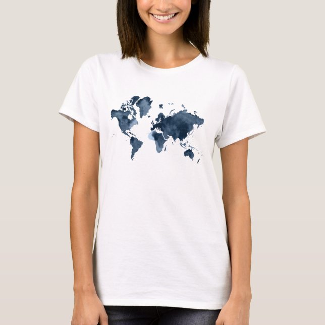 T-shirt World Map Watercolor Navy (Devant)