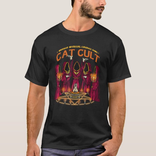 T-shirt Worship Whiskers Embrace Paws Cat Cult Occult Pun (Devant)