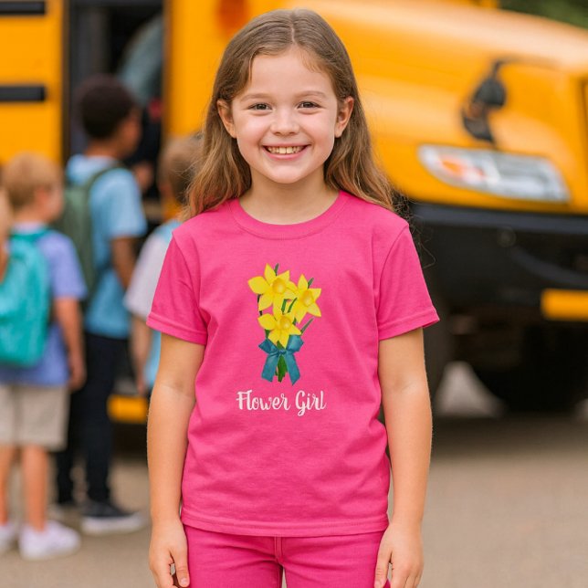T-shirt Wow rose avec jonquilles jaunes Fleur Girl (Brighten her day with daffodils and joy perfect pink spring tee for your little flower girl! )