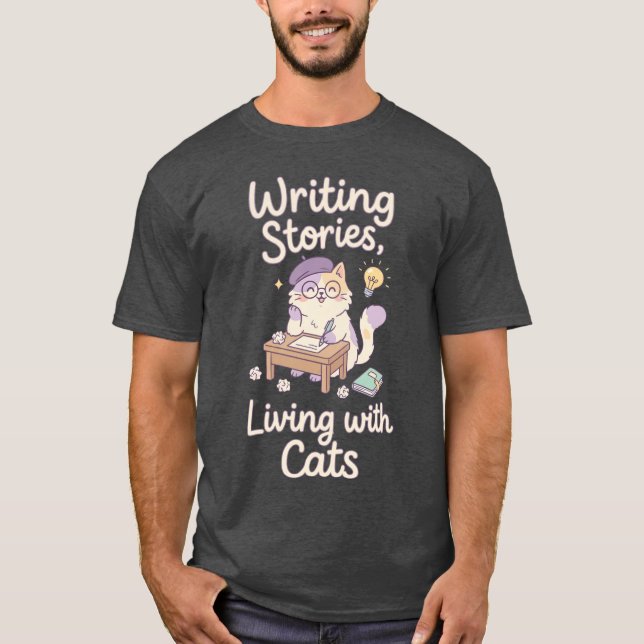 T-shirt Writing Stories Living with Cats Cute Writer Cat r (Devant)