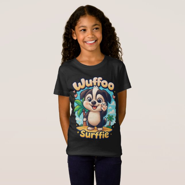 T-Shirt Wuffoo Surffie Cute Kawaii Puppy Tropical Island  (Devant entier)