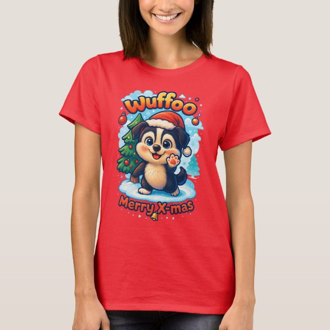 T-shirt Wuffoo Surffie Merry X-mas Kawaii 3D Holiday (Devant)