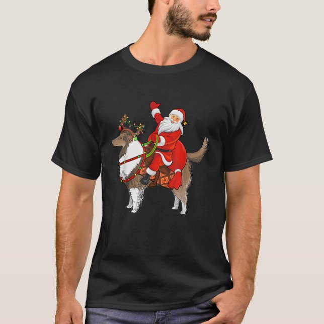 T-shirt Xmas Family Matching Funny Santa Riding Sheepdog C (Devant)