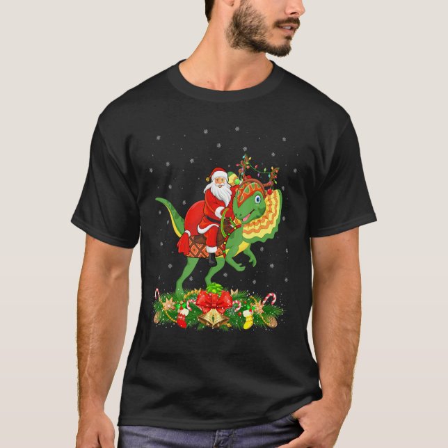 T-shirt Xmas Funny Père Noël équitation Dilophosaurus Dino (Devant)