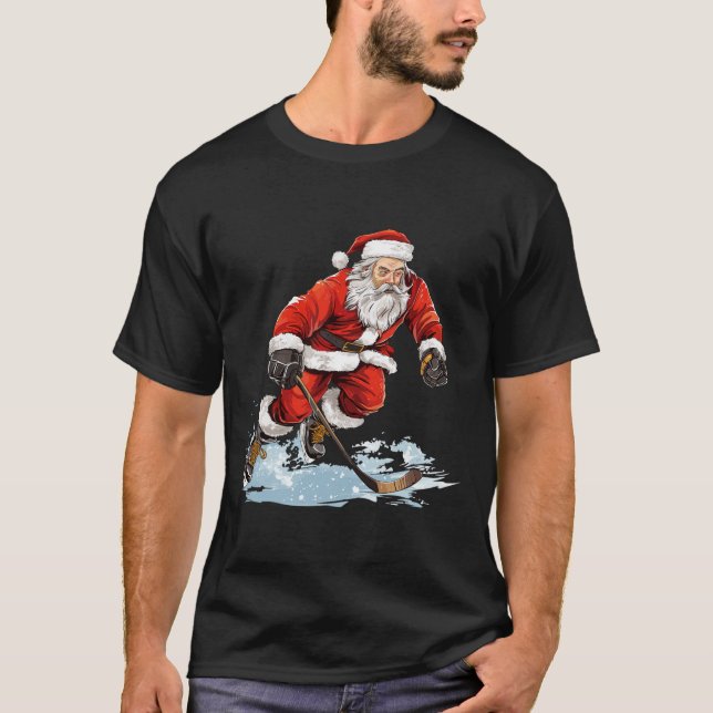 T-shirt Xmas Holiday Fun Santa Playing Ice Hockey Christma (Devant)