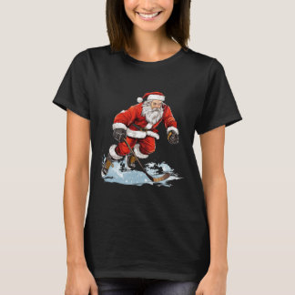 T-shirt Xmas Holiday Fun Santa Playing Ice Hockey Christma
