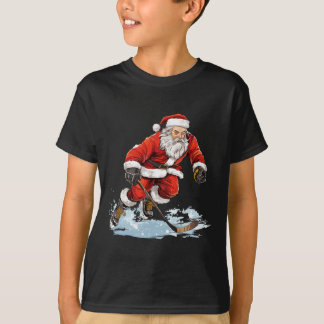 T-shirt Xmas Holiday Fun Santa Playing Ice Hockey Christma