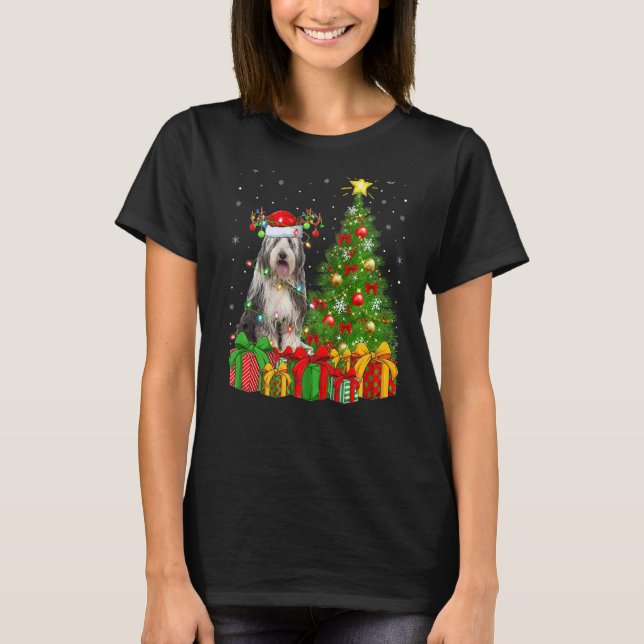 T-shirt Xmas Holiday Lights Santa Bearded Collie Dog Chris (Devant)
