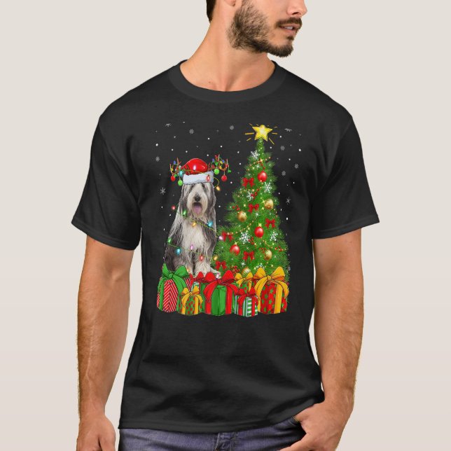 T-shirt Xmas Holiday Lights Santa Bearded Collie Dog Chris (Devant)