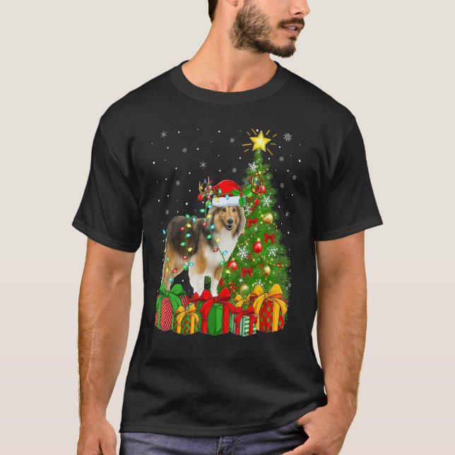 T-shirt Xmas Holiday Lights Santa Sheltie Dog Christmas Tr (Devant)