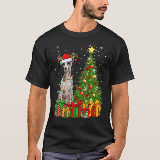 T-shirt Xmas Holiday Lights Santa Whippet (Devant)