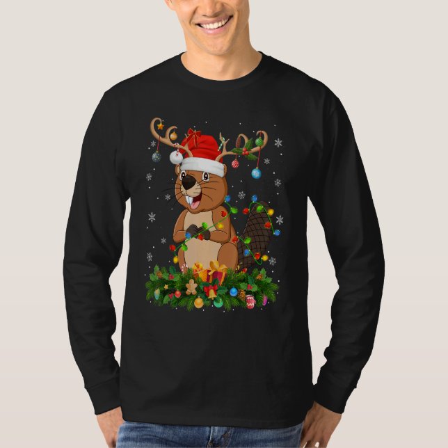 T-shirt Xmas Holiday Reindeer Hat Santa Beaver Christmas (Devant)