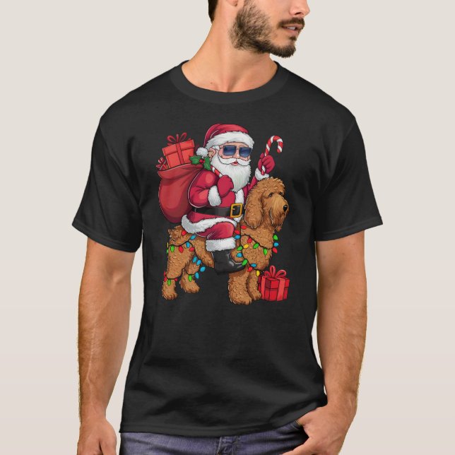 T-shirt Xmas Lighting Santa Riding Goldendoodle Dog Christ (Devant)