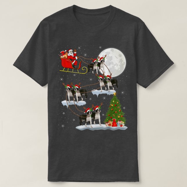 T-shirt Xmas Lighting Tree Santa Riding Boston Terrier Chr (Design devant)
