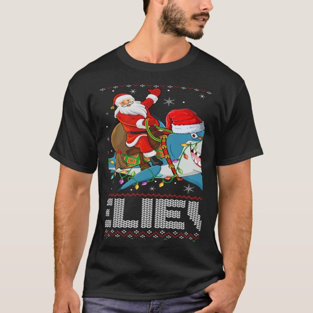 T-shirt Xmas Lights Shark Believe Ugly Santa Riding Shark  (Devant)
