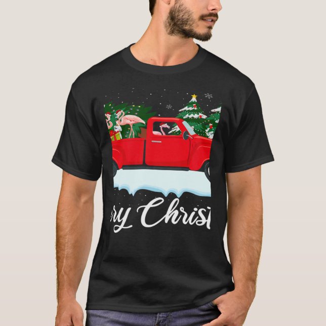 T-shirt Xmas Lights Tree Santa Flamingo Red Truck Merry Ch (Devant)